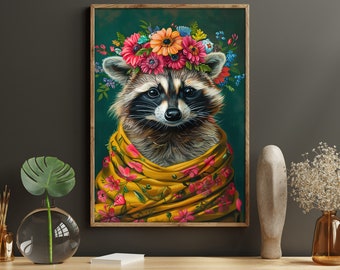 Floral Raccoon Canvas Print: Maximalist Animal Wall Art