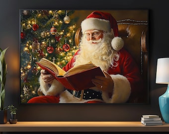 Vintage Santa Reading Book Canvas Print: Cozy Christmas Wall Art