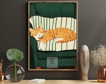 Sleeping Cat on Green Couch Canvas Print, Cozy Kitty Poster, Cat Lovers Wall Art