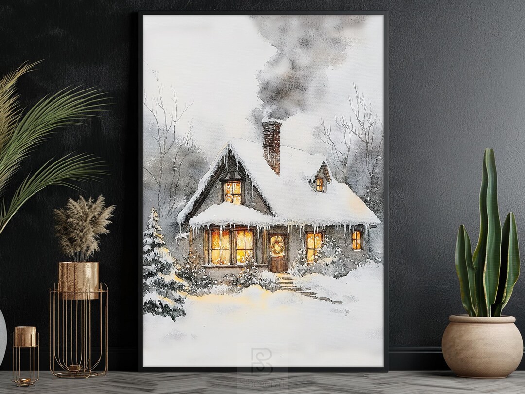 Cottage Xmas Winter House Painting, Cozy Christmas House Canvas Print ...