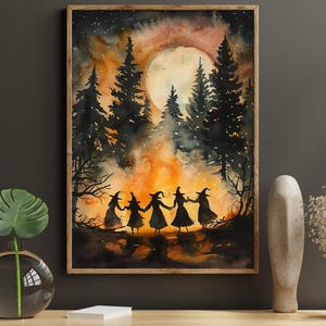 Haunted Witch Dancing Under Moon Canvas Print, Halloween Wall Art, Halloween Decor, Cottage Witch Poster