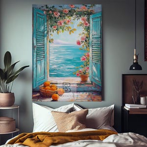 May include: An oil painting shows a coastal scene. Turquoise shutters open onto the sea and sky, with pink roses. A basket of oranges rests on a stone ledge. The artwork has a Mediterranean feel, suitable for home decor. The painting is approximately 76 cm x 102 cm.