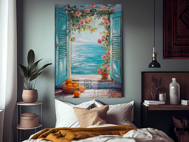 May include: An oil painting shows a coastal scene. Turquoise shutters open onto the sea and sky, with pink roses. A basket of oranges rests on a stone ledge. The artwork has a Mediterranean feel, suitable for home decor. The painting is approximately 76 cm x 102 cm.