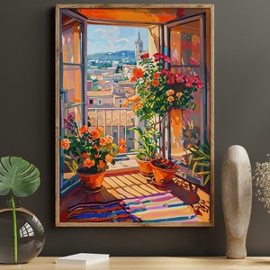 May include: A painting depicting a balcony with an open window overlooking a city. The balcony is adorned with potted plants, including a large red and orange rose bush. The city can be seen in the distance, with buildings and trees.