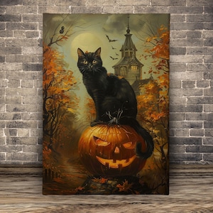 May include: A black cat sits atop a glowing jack-o'-lantern in a spooky forest setting. The cat is perched on the pumpkin, which has a carved face and is lit from within. The background features a dark, mysterious forest with trees and a distant, ominous-looking building.