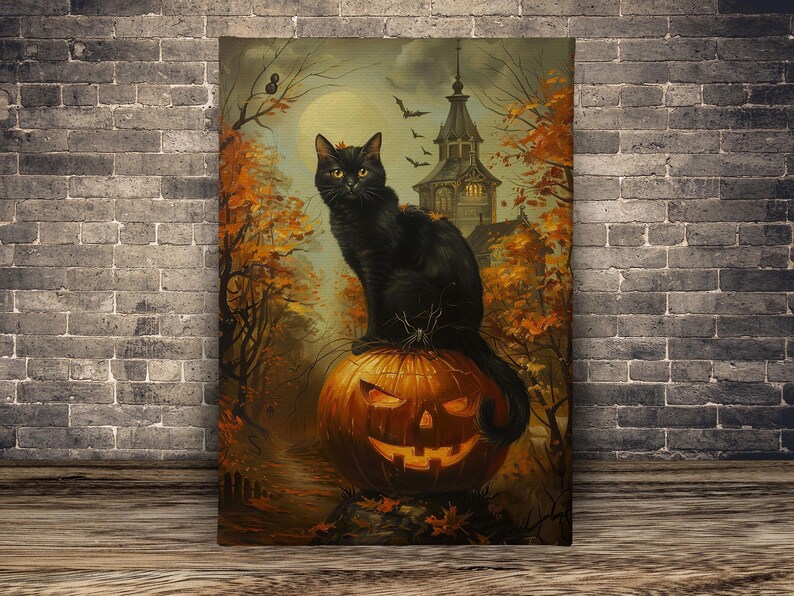 May include: A black cat sits atop a glowing jack-o'-lantern in a spooky forest setting. The cat is perched on the pumpkin, which has a carved face and is lit from within. The background features a dark, mysterious forest with trees and a distant, ominous-looking building.