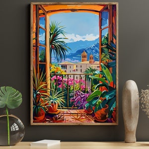 May include: A painting of a window with a view of a cityscape. The window is open and there are plants in pots on the windowsill. The cityscape is in the background and there are mountains in the distance.
