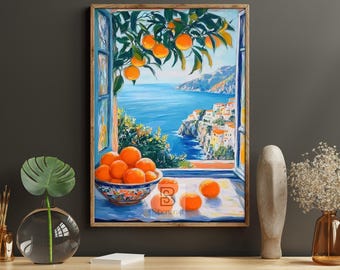 May include: A framed painting depicts a coastal scene with a window view. The window frames a vibrant blue sea, a cliffside village, and orange trees. A bowl of oranges sits on the windowsill. The painting is in a wooden frame.