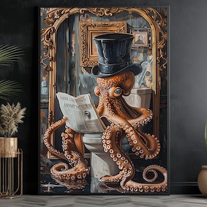 Vintage Octopus On Toilet Canvas Print, Bathroom Poster Print, Bathroom Wall Art