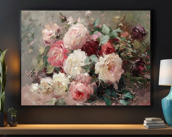 Vintage Roses Oil Painting: Cottage Garden Canvas Art