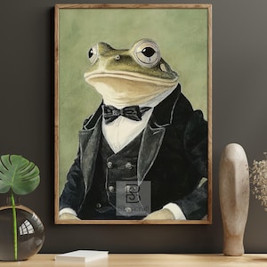 Dapper Frog Portrait Canvas Print, Stylish Amphibian Poster, Animal Gentleman Wall Art Decor