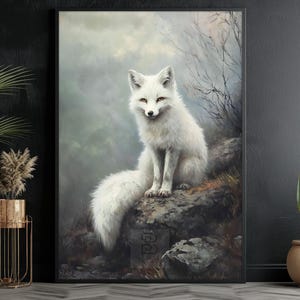 Vintage Snowy Fox Painting, Winter Animal Canvas, Winter fox Poster, Snowy Wall Art, Winter Decor