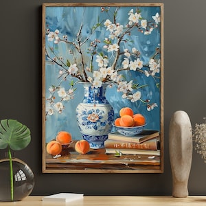 Cuadro vintage de jarrón con flores blancas, impresión de jarrón con flores, lienzo con flores de campo, póster de flores, arte mural con flores blancas
