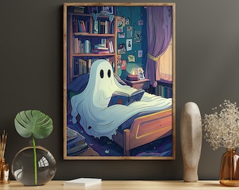 Cute Ghost Reading Book Canvas Print, Halloween Wall Art