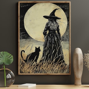 Dark Witch and Black Cat Canvas Print: Halloween Wall Art