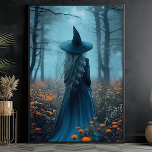 Forest Magic Witch Painting, Enchanted Witch Print, Air Witch Canvas Print, Halloween Wall Art