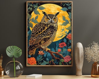Vintage Owl and Moon Canvas Print: Botanical Animal Wall Art