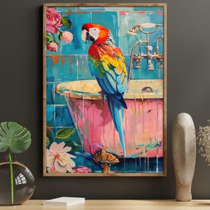 Matisse Parrot in Bathroom Canvas Print: Tropical Bathroom Wall Art