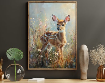 Vintage Deer in Flower Garden Painting: Cottagecore Animal Print