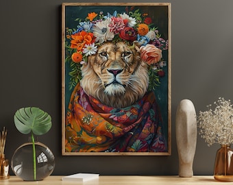 Vintage Maximalist Floral Lion Painting, Matisse Lion Print, Lion Canvas Print, Animal Poster Print, Wild Animal Wall Art