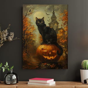 May include: A black cat sits atop a jack-o'-lantern with a spooky grin. The cat is perched on a pumpkin with a carved face and glowing eyes. The background features a dark, mysterious forest with a tall, gothic tower in the distance.