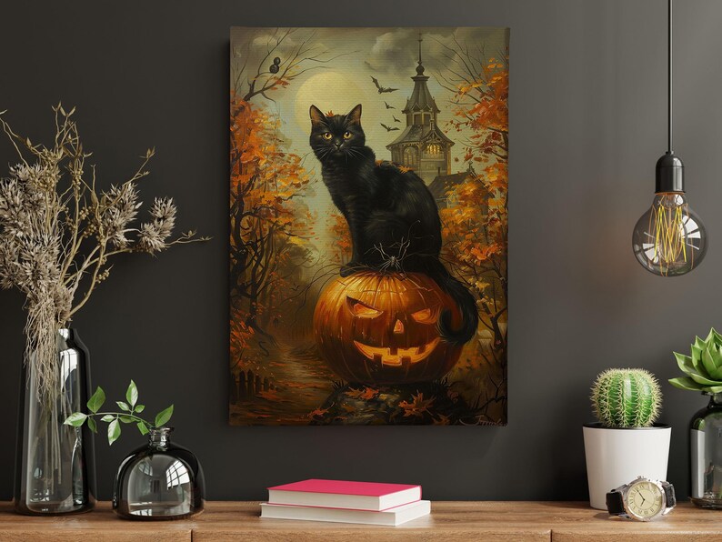 May include: A black cat sits atop a jack-o'-lantern with a spooky grin. The cat is perched on a pumpkin with a carved face and glowing eyes. The background features a dark, mysterious forest with a tall, gothic tower in the distance.