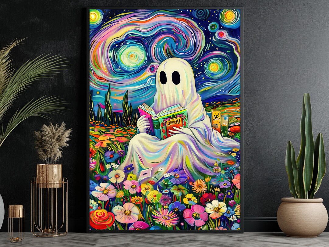 Van Gogh Style Ghost Reading Book Canvas Print, Halloween Poster Print ...