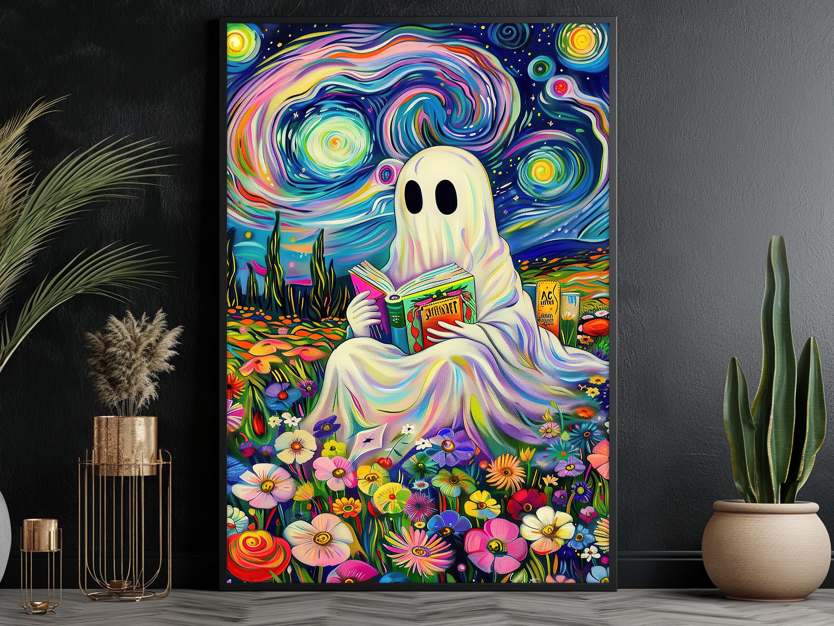 Van Gogh Style Ghost Reading Book Canvas Print, Halloween Poster Print, Halloween Wall Art, Halloween decor, Ghost Poster