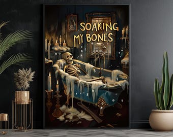 Skeleton in Bathtub Canvas Print: Halloween Bathroom Wall Art