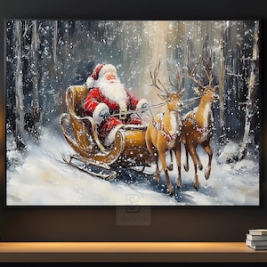 Vintage Santa&#39;s Sleigh Painting, Warm Santa Season Canvas, Cottage Santa Claus Poster Print, Christmas Wall Art, Cozy Christmas Decor
