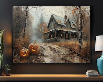 May include: A painting of a spooky, old house with a porch and two jack-o'-lanterns in the foreground. The house is surrounded by trees and the ground is covered in leaves. The sky is a dark gray color.