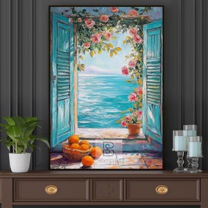 May include: An oil painting shows a coastal scene through turquoise shutters with pink roses. A basket of oranges sits on a stone ledge. The ocean and sky are visible through the open window. A potted plant and candles are in the foreground.