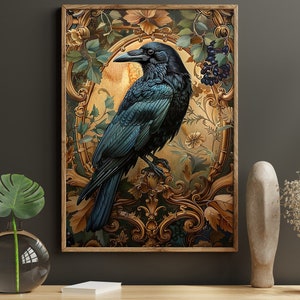 May include: A black raven perched on a gold ornate frame with intricate details. The raven has a dark blue sheen and is surrounded by green leaves and vines. The background is a golden yellow with a hint of orange.