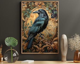 Cottage Crow Canvas Print: Dark Raven, Botanical Animal Wall Art