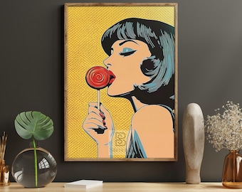 Pop Art Woman Canvas Print, Retro Lollipop Poster, Bold Colors Wall Art