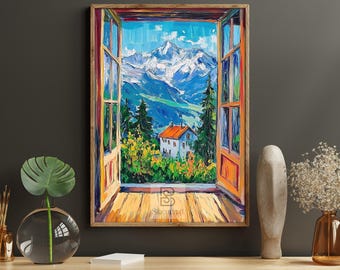 May include: Oil painting of a mountain landscape viewed through an open window. The artwork features a house with an orange roof, green trees, and a snow-capped mountain range. The window frame is brown and orange.