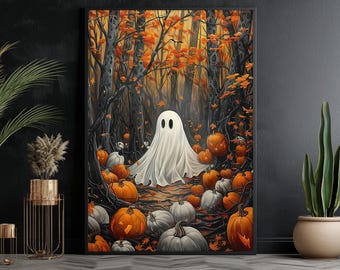 May include: A white ghost with two eyes stands in a dark forest with orange and brown pumpkins scattered around it. The forest is filled with fall leaves and the ground is covered in leaves and twigs.