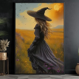 Vintage Witch In Flowers Field Painting, Cottage Witch Print, Witchy Canvas Print, Halloween Wall Art, Witch Poster Print