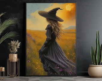 Vintage Witch in Flower Field Canvas Print - Halloween Wall Art