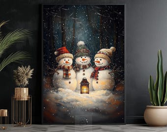 Vintage Three Snowman Canvas, Warm Xmas Holiday Poster Print, Christmas Wall Art, Christmas Decor