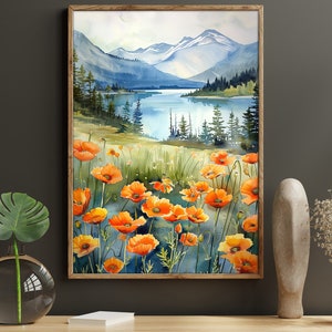 Floral Mountain Landscape Canvas Print: Botanical Wall Art