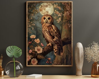 Cottage Moon Owl Canvas Print: Wild Animal Floral Wall Art