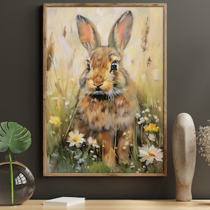 Vintage Rabbit in Flower Garden Painting - Animal Canvas or Poster Print