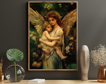Mother and Child Angel Art Print: Catholic Canvas Poster