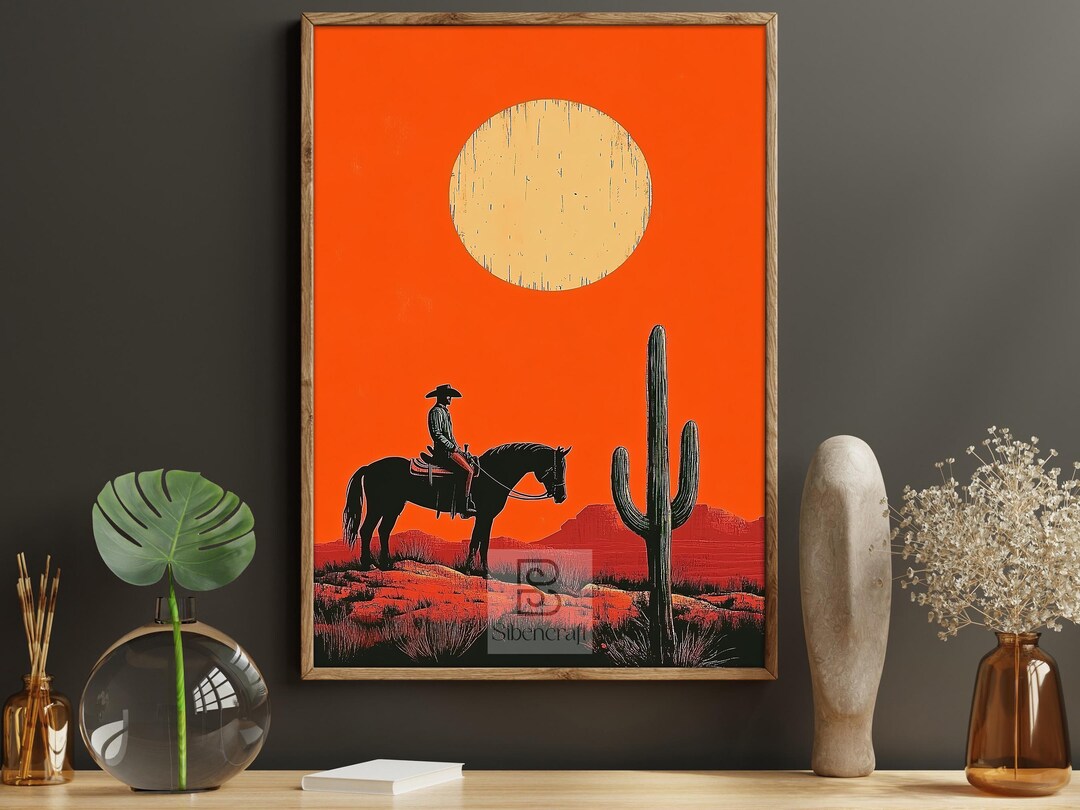Cowboy Desert Sunset Canvas Print, Western Horse Rider Poster ...