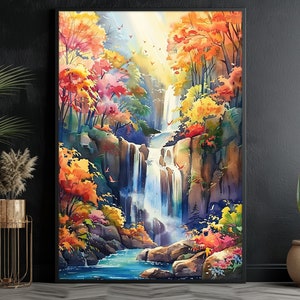 Amazing Waterfall Watercolor Painting, Landscape Print, Forest Canvas Print, Landscape Wall Art, Nature Print