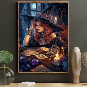 Young Witch And Cat Painting, Witch Print, Witchy Canvas Print, Halloween Wall Art, Halloween Decor, Witch Poster