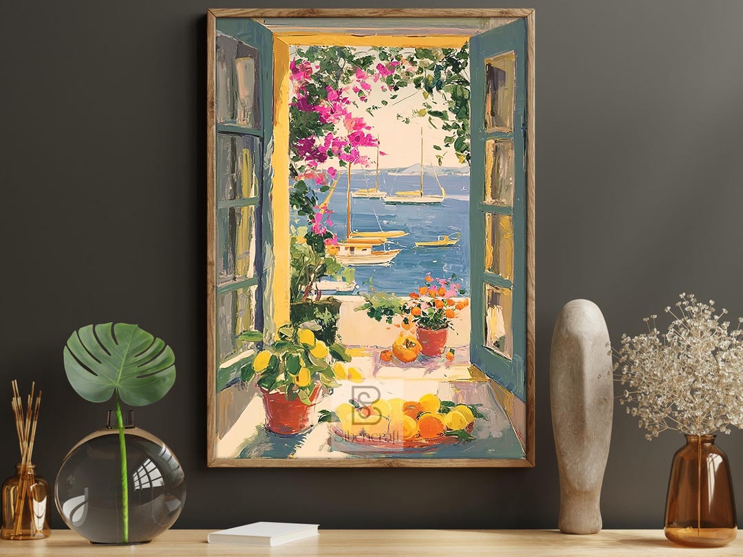 Mediterranean View Canvas Print, Open Window Harbor Poster Print ...