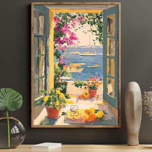 May include: A framed painting depicts a coastal scene viewed through an open window. The artwork features a vibrant palette of blues, yellows, and greens, with sailboats on the water and potted plants on a balcony. Lemons and oranges are arranged on a plate.