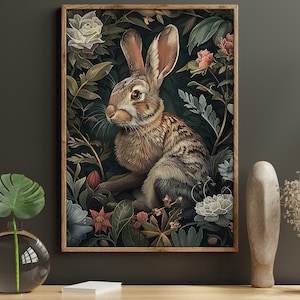 Vintage Rabbit and Flowers Canvas Print: Cottagecore Wall Art